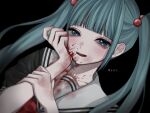 0mdjn0 1girl anazawa_nijimi bangs blood blood_on_clothes blood_on_face blood_on_hands blue_eyes blue_hair blunt_bangs blush bow bowtie fangs hair_bobbles hair_ornament hand_on_own_cheek hand_on_own_face hand_up heart heart_in_eye highres holding_own_arm long_hair looking_at_viewer mahou_shoujo_site open_mouth school_uniform serafuku short_sleeves slit_pupils smile solo symbol_in_eye translation_request twintails 