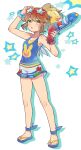  1girl adjusting_eyewear arle_nadja arm_up blue_footwear blush bracelet brown_eyes brown_hair carbuncle_(puyopuyo) collarbone dated eyewear_on_head flip-flops full_body hana_(mew) highres holding holding_water_gun jewelry looking_at_viewer parted_lips puyopuyo red-framed_eyewear sandals short_hair short_ponytail shorts sidelocks star-shaped_eyewear sunglasses tank_top water_gun white_background 