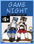  2022 alex_(migfastart) anthro aroused bed blue_hair bulge calico_cat clothing comic controller cover cover_art cover_page domestic_cat duo felid feline felis focused furniture game_controller gaming hair heterochromia lamp looking_at_another male male/male mammal migfastart mikey_(migfastart) mottled piebald procyonid raccoon underwear 
