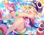  1girl amitie_(puyopuyo) blonde_hair blush bracelet dated day green_eyes hana_(mew) hat holding holding_water_gun jewelry looking_at_viewer medium_hair one_eye_closed open_mouth outdoors pink_footwear puyo_(puyopuyo) puyopuyo smile solo water water_gun 