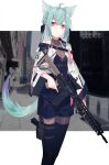  1girl animal_ear_fluff animal_ears assault_rifle bangs bare_shoulders braid breasts collarbone extra_ears fox_ears fox_girl fox_tail green_hair gun hair_between_eyes handgun highres holding holding_gun holding_weapon holster holstered_weapon jacket long_hair long_sleeves looking_at_viewer nagishiro_mito original red_eyes ribbon rifle scope shorts side_braid sidelocks small_breasts solo tail tail_raised thigh_holster thigh_strap thighhighs weapon white_jacket zettai_ryouiki 