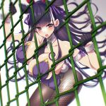  1girl animal_ears armband bangs bare_shoulders black_gloves blush breasts brown_legwear chain-link_fence cleavage collarbone cone_hair_bun detached_collar fake_animal_ears fate/grand_order fate_(series) fence fishnet_legwear fishnets gloves hair_bun half_gloves highleg highleg_leotard highres large_breasts leaning_forward leotard long_hair looking_at_viewer murasaki_shikibu_(fate) necktie open_mouth playboy_bunny purple_eyes purple_hair purple_leotard rabbit_ears rabbit_tail solo tail tajima_yoshikazu thighs two_side_up very_long_hair wrist_cuffs 