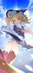  1girl blonde_hair blue_sky bow cloud cloudy_sky commentary_request guumin hair_bow highres kirisame_marisa looking_at_viewer looking_down medium_hair open_mouth sky smile solo standing teeth touhou white_bow 