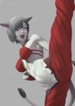  1girl animal_ears avatar_(ff14) bangs bikini bikini_top_only black_hair breasts cat_ears cat_tail clenched_hand colored_skin commission facial_mark fangs female_pubic_hair final_fantasy final_fantasy_xiv fingerless_gloves gloves grey_background grey_skin heterochromia highres medium_breasts navel open_mouth pubic_hair putcher red_eyes short_hair skeb_commission slit_pupils solo sparse_pubic_hair split standing standing_on_one_leg standing_split swimsuit tail whisker_markings 