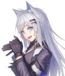  1girl absurdres animal_ear_fluff animal_ears arknights bangs black_gloves black_jacket blue_eyes commentary_request fang gloves grey_hair hair_ornament hairclip highres jacket lappland_(arknights) long_hair long_sleeves looking_at_viewer open_mouth scar scar_across_eye shadow_puppet simple_background smile solo teeth white_background wolf_ears yidie 