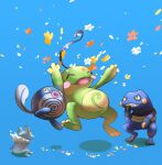  ^_^ absurdres blue_background closed_eyes commentary_request croagunk eko000ohce flower froakie hand_up highres jumping no_humans open_mouth pokemon pokemon_(creature) politoed poliwag smile 
