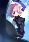  1girl armor armored_leotard black_armor blue_sky breastplate closed_mouth commentary_request detached_sleeves elbow_gloves eyes_visible_through_hair fate/grand_order fate_(series) floating_hair gloves haruto624 highres holding holding_shield holding_weapon light_purple_hair looking_at_viewer mash_kyrielight purple_eyes purple_gloves shadow shield short_hair sky solo sunlight weapon 