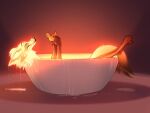  2022 4_ears ambiguous_gender anthro bathing bathtub biped canid canine digital_media_(artwork) digitigrade discreet_user fox fur glowing glowing_body glowing_fur mammal multi_ear multicolored_body multicolored_fur mylar_(discreet_user) orange_body orange_fur red_background rubber_duck simple_background smile solo two_tone_body two_tone_fur yellow_body yellow_fur 