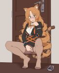  1girl :o absurdres animal_ears arknights asphyxiation black_jacket brown_pantyhose cellphone doorknob female_masturbation fingering green_eyes highres jacket looking_at_viewer masturbation no_pants orange_hair pantyhose phone pussy rope shirt smartphone solo swire_(arknights) tail tiger_ears tiger_girl tiger_tail torn_pantyhose urgo_(gdns4584) white_shirt 