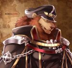  1boy animal_ears bara black_cape black_coat body_fur brown_background brown_fur buttons cape chain closed_mouth coat double-breasted english_text epaulettes furry furry_male hat high_collar lion_boy lion_ears looking_at_viewer male_focus mane military military_hat military_uniform original peaked_cap pun ragnarok_online rebellion_(ragnarok_online) solo teru_suzu two-sided_fabric uniform upper_body yellow_eyes 
