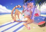  &lt;3 4_toes 5_fingers anthro beach beach_chair beach_towel beverage bikini breasts cheek_tuft cheetah claws clothing container detailed_background digital_media_(artwork) drinking drinking_straw eyewear facial_tuft feet felid feline female feral fingers food fruit fur furniture green_eyes heart_(marking) hi_res holding_object looking_at_viewer mammal markings melon mzhh outside pawpads plant sand seashell seaside shell sitting sky smile smiling_at_viewer solo spots spread_legs spreading sunglasses surfboard swimwear toe_claws toes topwear towel tuft water watermelon white_body white_fur 
