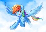  2022 absurd_res blue_body blue_fur cloud cutie_mark day equid equine feathered_wings feathers female feral flying friendship_is_magic fur hair hasbro hi_res mammal marenlicious multicolored_hair my_little_pony open_mouth pegasus purple_eyes rainbow_dash_(mlp) sky solo teeth tongue wings 