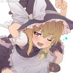  1girl blonde_hair blurry blush bow braid broom depth_of_field dutch_angle hat hat_bow kirisame_marisa long_hair lower_teeth one_eye_closed open_mouth puffy_short_sleeves puffy_sleeves revision shiroi_karasu short_sleeves simple_background solo teeth touhou white_background white_bow witch_hat yawning yellow_eyes 