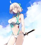  1girl ahoge aqua_bow arms_behind_back bangs bare_shoulders bikini blonde_hair blue_sky bow breasts cleavage collarbone fate/grand_order fate_(series) hair_bow half_updo highleg highleg_bikini highres katana large_breasts looking_at_viewer multi-strapped_bikini okita_j._souji_(fate) okita_souji_(fate) short_hair sky smile solo swimsuit sword thighs u_5ham0 weapon white_bikini yellow_eyes 