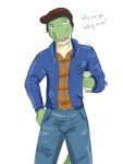 3:4 alternate_species anthro beverage bottomwear clothed clothing denim denim_clothing dialogue english_text fully_clothed furrification fuze hi_res holding_beverage holding_object jacket jeans male pants scalie shane_(stardew_valley) shirt simple_background solo stardew_valley talking_to_viewer text topwear white_background 