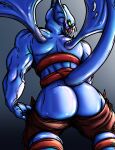  anthro balanar_the_night_stalker blue_body bombayeen_(artist) bottomwear butt clothed clothing dota hi_res male monster mooning pants presenting presenting_hindquarters teeth video_games wings 