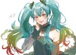  1girl aqua_hair bare_shoulders brooch cowboy_shot detached_sleeves dragon_tail gloves green_hair hatsune_miku highres jewelry long_hair looking_at_viewer multicolored_hair project_sekai red_eyes red_hair salamander_(vocaloid) sketch smile solo tail tesu_(evux3242) twintails vocaloid white_background 