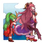  2girls bangs cloud dragalia_lost dragon_horns dragon_tail dress fire_emblem fire_emblem:_mystery_of_the_emblem fire_emblem_heroes full_body green_eyes green_hair hair_between_eyes hair_ornament horns long_hair multiple_girls mym_(dragalia_lost) ponytail puffy_short_sleeves puffy_sleeves red_footwear red_hair short_sleeves smile tail tiki_(fire_emblem) very_long_hair y_m_erhu yellow_eyes 