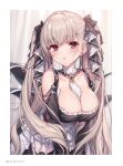  1girl azur_lane bangs bare_shoulders between_breasts blush breasts brown_eyes cleavage closed_eyes detached_collar dress earrings formidable_(azur_lane) frills grey_hair hair_ornament highres jewelry komeshiro_kasu large_breasts leaning_forward long_hair looking_at_viewer maid page_number parted_lips shiny shiny_hair simple_background sleeveless sleeveless_dress solo twintails upper_body 