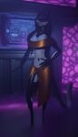  3d_(artwork) 4:7 absurd_res anthro blender_(software) blender_cycles blowing canid canine canis clothing digital_media_(artwork) fog gold_(metal) hi_res jackal male mammal neon_lights nightclub pinup pose science_fiction solo synth_(disambiguation) synthetic the_dark_skull 