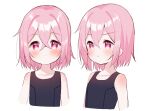  1girl :o bangs bare_shoulders blush closed_mouth collarbone cropped_torso hair_between_eyes looking_at_viewer looking_away meito_(maze) multiple_views original parted_lips pink_hair red_eyes short_hair simple_background smile upper_body v-shaped_eyebrows white_background 