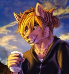  2022 anthro black_lips breasts brown_hair canid canine canis clothed clothing day detailed_background digital_media_(artwork) domestic_dog eyebrows eyelashes female hair hi_res lips mammal marjani open_mouth outside sky smile teeth tongue 