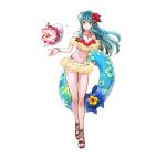  1girl absurdres animal aqua_eyes aqua_hair bangs bare_shoulders bikini bikini_skirt bow bracelet breasts cleavage closed_mouth clownfish collarbone commentary_request eirika_(fire_emblem) feet fire_emblem fire_emblem:_the_sacred_stones fire_emblem_heroes fish floating floating_object floral_print flower full_body gem hair_flower hair_ornament hibiscus highres holding innertube jewelry layered_bikini legs long_hair looking_at_viewer navel necklace off-shoulder_bikini off_shoulder official_art pearl_(gemstone) pearl_bracelet red_bikini sandals see-through shiny shiny_hair skirt smile solo stomach swimsuit thighs toeless_footwear toes two-tone_bikini wada_sachiko white_background yellow_bikini 