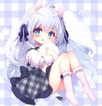  1girl :d animal_ears ass bangs blue_eyes blue_hair blue_ribbon blush braid collared_shirt doily dress frilled_legwear full_body grey_dress hair_between_eyes hair_ribbon haru_ichigo knees_together_feet_apart knees_up long_hair looking_at_viewer no_shoes original plaid plaid_background plaid_dress puffy_short_sleeves puffy_sleeves ribbon shirt short_sleeves sleeveless sleeveless_dress smile solo star_(symbol) very_long_hair white_legwear white_shirt 