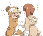  &gt;_&lt; 2girls animal_costume bear_costume bed_sheet blush boko_(girls_und_panzer) brown_eyes brown_hair closed_eyes commentary flying_sweatdrops girls_und_panzer hand_on_another&#039;s_chest hood hood_down light_brown_hair long_sleeves multiple_girls nishizumi_miho on_bed onesie open_mouth pajamas shimada_arisu short_hair simple_background sitting smile sweatdrop tewarusa translated trembling v_arms wariza white_background 