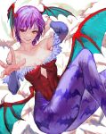  1girl animal_print bare_shoulders bat bat_print bat_wings blue_gloves breasts breasts_apart bridal_gauntlets center_opening collarbone commentary english_commentary feet_out_of_frame fingernails gloves grin hanny_(uirusu_chan) head_wings highres jewelry leotard lilith_aensland linea_alba looking_at_viewer low_wings pantyhose print_legwear purple_hair purple_pantyhose reaching_out red_eyes red_leotard ring short_hair small_breasts smile solo vampire_(game) wings 
