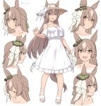 1girl animal_ears bangs bare_shoulders blush breasts brown_eyes brown_hair cleavage closed_eyes collarbone dress ear_ornament full_body hat highres horse_ears horse_girl horse_tail large_breasts long_hair looking_at_viewer multiple_views open_mouth satono_diamond_(umamusume) shiseki_hirame smile solo straw_hat tail umamusume white_dress 