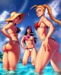  3girls absurdres alternate_hairstyle ass beach bikini black_hair blonde_hair breasts cammy_white chun-li cleavage han_juri hand_on_hip hat highres lens_flare looking_at_viewer multiple_girls muscular muscular_female ponytail scar scar_on_face smile straw_hat street_fighter sunlight swimsuit thighs toned valentina_tavolilla water 