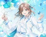  :d balloon bangs blue_eyes blue_flower blue_ribbon blush brown_hair collared_shirt ear_piercing earrings flower frilled_shirt frilled_sleeves frills hair_ribbon hands_up highres holding holding_balloon jacket jewelry kanae_(nijisanji) long_sleeves looking_at_viewer mole mole_under_eye nijisanji one_side_up open_clothes open_jacket parted_bangs piercing ribbon shiao shirt smile white_jacket white_shirt 