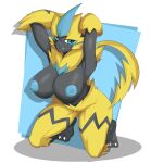  absurd_res anthro areola blue_eyes breasts cannedtaco felid female fur hi_res legendary_pok&eacute;mon mammal nintendo nipples nude pok&eacute;mon pok&eacute;mon_(species) smile solo video_games yellow_body yellow_fur zeraora 