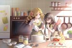 2girls absurdres alternate_costume apron bare_shoulders black_hair blonde_hair bow cake character_request cookbook cutting_board drill_hair faucet finger_to_mouth food fruit hair_between_eyes highres jar knife long_hair looking_at_another mahou_shoujo_madoka_magica measuring_cup mixing_bowl morimori_(14292311) multiple_girls oven_mitts pastry_bag pink_bow pink_skirt plaid plaid_skirt plant potted_plant red_eyes refrigerator shirt sink skirt smile sticky_note strawberry tomoe_mami translation_request twin_drills white_shirt yellow_skirt 