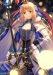  1girl 2girls absurdres armor armored_dress artoria_caster_(fate) artoria_caster_(third_ascension)_(fate) artoria_pendragon_(fate) bangs blonde_hair blue_bow blue_ribbon bow bracelet breasts closed_mouth dress fate/grand_order fate_(series) gold_trim green_eyes hair_between_eyes hair_bow hair_ornament highres holding jewelry long_hair long_sleeves looking_at_viewer multiple_girls one_heart1201 red_ribbon rhombus ribbon shiny smile solo standing upper_body very_long_hair white_dress 