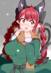  1girl ahoge animal_ears blush bow braid breasts bwell cat_ears cat_girl cat_tail dress green_dress hair_bow hand_to_own_mouth highres kaenbyou_rin large_breasts long_hair multiple_tails red_eyes red_hair sash scarf solo tail touhou twin_braids very_long_hair 