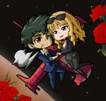  bangs blonde_hair blue_eyes brown_eyes catsuit chibi chibigenix cowboy_bebop curly_hair flower formal green_hair highres julia_(cowboy_bebop) mars_(planet) non-web_source rose space spike_spiegel star_(sky) suit swordfish 