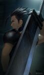  1boy arm_up armor back black_gloves black_hair blue_eyes buster_sword closed_mouth cross_scar earrings english_text final_fantasy final_fantasy_vii final_fantasy_vii_remake gloves greatsword hair_slicked_back hand_on_hip highres holding holding_sword holding_weapon jewelry male_focus pauldrons rasneko scar scar_on_cheek scar_on_face scratches shoulder_armor single_pauldron solo sword turtleneck twitter_username upper_body weapon weapon_on_back zack_fair 