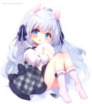  1girl :d animal_ears ass bangs blue_eyes blue_hair blue_ribbon blush braid collared_shirt commentary_request dress frilled_legwear full_body grey_dress hair_between_eyes hair_ribbon haru_ichigo highres knees_together_feet_apart knees_up long_hair looking_at_viewer no_shoes original plaid plaid_dress puffy_short_sleeves puffy_sleeves ribbon shirt short_sleeves simple_background sleeveless sleeveless_dress smile solo very_long_hair white_background white_legwear white_shirt 