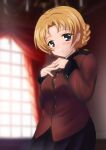  1girl bangs black_skirt blue_eyes blurry blurry_background braid closed_mouth commentary cowboy_shot depth_of_field epaulettes girls_und_panzer hands_on_own_chest indoors jacket long_sleeves looking_at_viewer military military_uniform miniskirt orange_hair orange_pekoe_(girls_und_panzer) parted_bangs pleated_skirt red_jacket short_hair skirt smile solo st._gloriana&#039;s_military_uniform standing tobari0394 twin_braids uniform 