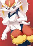  absurd_res anthro blush breasts bronyant cinderace featureless_breasts female fingers fur hi_res lagomorph looking_at_viewer mammal nintendo nude pok&eacute;mon pok&eacute;mon_(species) solo video_games white_body white_fur 