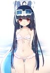  1girl ahoge arms_behind_back ass_visible_through_thighs bare_shoulders bikini black_hair blue_archive closed_mouth collarbone commentary_request front-tie_bikini front-tie_top goggles goggles_on_head halo headgear highres innertube le_xue long_hair looking_at_viewer miyu_(blue_archive) navel red_eyes snorkel solo swimsuit thigh_gap transparent very_long_hair water wet wet_hair white_background white_bikini 