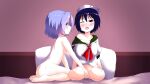  2girls after_kiss anchor_symbol ass bangs black_eyes blue_hair blush bottomless breasts censored cleavage closed_mouth clothed_female_nude_female commentary_request completely_nude cookie_(touhou) fingering flour_(cookie) full_body green_sailor_collar hair_between_eyes hat highres kumoi_ichirin kurotsuki_hiiragi large_breasts looking_at_another milk_(cookie) mosaic_censoring multiple_girls murasa_minamitsu neckerchief nude off_shoulder open_mouth pillow pussy red_neckerchief sailor_collar sailor_hat saliva saliva_trail short_hair sitting smile tongue tongue_out touhou wariza white_headwear yuri 