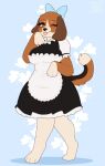  3_fingers 4_toes accessory anthro beagle big_breasts black_clothing black_nose blush bow_(feature) bow_accessory bow_ribbon breasts brown_body brown_eyes brown_fur canid canine canis claws clothed clothing digital_media_(artwork) domestic_dog dress feet female fingers fully_clothed fur hair_accessory hair_bow hair_ribbon hi_res hunting_dog looking_at_viewer maid_uniform mammal moondropwitch one_eye_closed ribbons scent_hound simple_background smile solo standing toes tongue tongue_out uniform white_body white_fur wink 