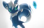  commentary_request glowing green_eyes green_pupils hand_on_hip meowstic meowstic_(male) naoki_eguchi no_humans outstretched_arm pokemon pokemon_(creature) shard solo white_background 