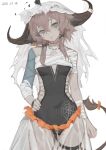  1girl alternate_costume animal_ears arknights black_flower black_shirt blood blood_from_mouth breasts brown_hair covered_navel cow_ears cow_girl cow_horns cow_tail cowboy_shot flower flower_on_head hair_ornament halloween_costume hand_on_hip highres horns long_hair looking_at_viewer mummy_costume pallas_(arknights) see-through see-through_skirt shirt silk simple_background skirt small_breasts solo spider_web stitches tail thigh_strap white_background x_hair_ornament yumingtongxue 