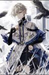  1boy altimaen_iten bird blonde_hair closed_mouth coat crow earrings ghost_spider_(saibai_shounen) green_eyes jewelry long_sleeves looking_at_viewer male_focus nail_polish official_art saibai_shounen second-party_source short_hair smile solo stud_earrings 