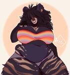  2022 aimi anthro big_breasts black_hair breasts clothed clothing digital_media_(artwork) female hair hi_res looking_at_viewer mammal midriff navel simple_background slightly_chubby slightly_chubby_female smile teeth ursid 