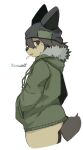  2019 absurd_res ambiguous_gender anthro beanie black_nose brown_eyes brown_hair brown_tail cigarette cigarette_in_mouth clothing eye_glint fur furgonomics green_clothing green_hoodie green_topwear hair hand_in_pocket hat headgear headwear hi_res hoodie kemono naegi pockets side_view simple_background solo standing tan_body tan_fur text topwear unknown_species white_background 